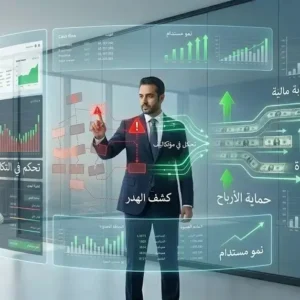 إنفوجرافيك يوضح نظام الرقابة المالية والحماية من الهدر من AFW Arabian، ويظهر فيها برجي المملكة والقاهرة ونمو الأرباح.