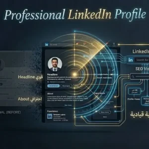 إنفوجرافيك يوضح هندسة تحسين بروفايل لينكد إن Professional LinkedIn Profile من AFW Arabian، وتظهر صور العميل والنمو من بروفايل باهت لظهور قوي وهوية قيادية.