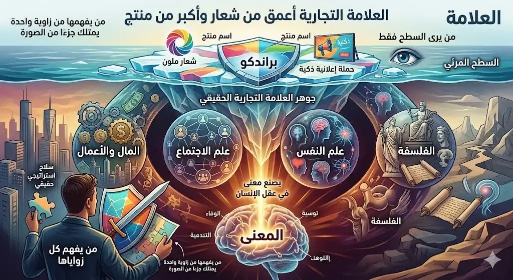 إنفوجرافيك يوضح جوهر العلامة التجارية كجبل جليد يبرز منه الشعار والاسم، بينما يغوص في العمق عوالم المال والاجتماع والنفس والفلسفة لصناعة المعنى في عقل الإنسان - AFW Arabian.